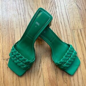 Zara Women's Green Braided Heeled Sandals Size 38 (7.5/8)